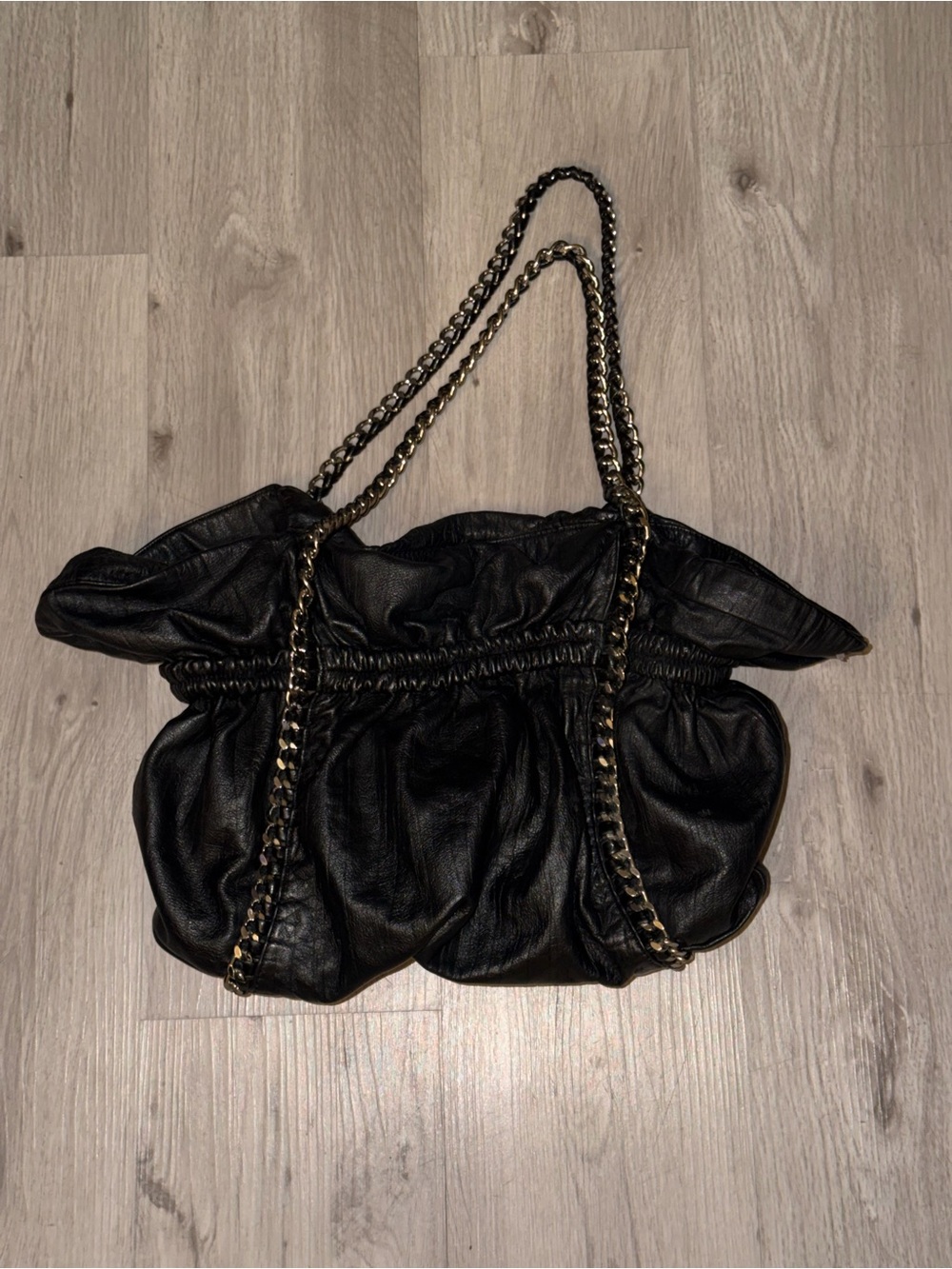 Vintage Bebe Black Genuine Leather Slouchy Hobo Shoulder Bag With Chain Straps.